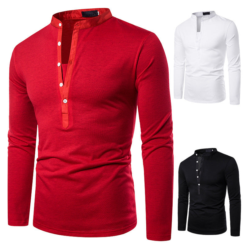 Men's Solid Color Deep V Stand Up Collar Long Sleeved Slim Shirt